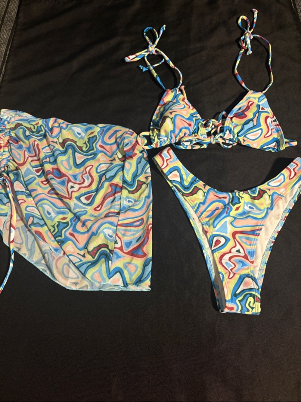 Multicolor Abstract Print Triangle Bikini Set with Tie-Side Bottoms